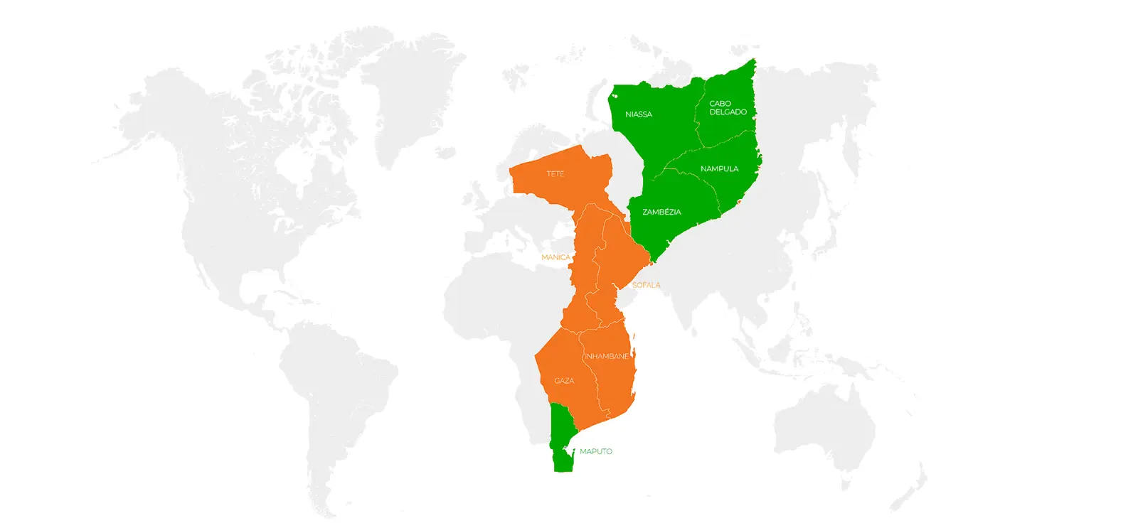 Mapa de Moçambique com as províncias onde a OFEC trabalha